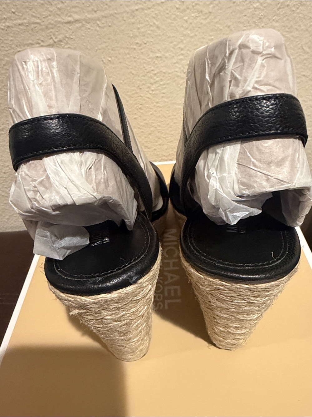Michael Kors Black Leather Espadrille Wedge Sandals with Ankle Strap - Picture 9 of 10